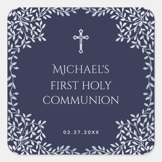Boy First Communion Navy Blue Elegant Blätter Quadratischer Aufkleber (Vorderseite)