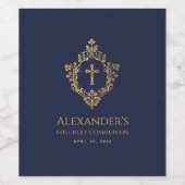 Boy First Communion Navy Blue Elegant Gold Wappen Weinetikett (Einzelnes Label)