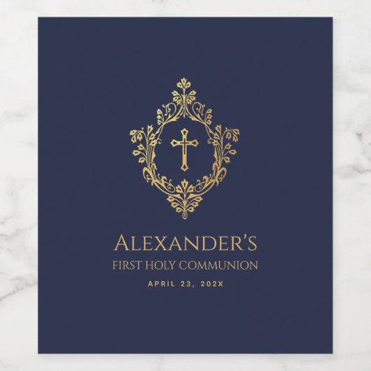 Boy First Communion Navy Blue Elegant Gold Wappen Weinetikett (Einzelnes Label)