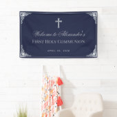 Boy First Communion Navy Blue Elegantes Verziertes Banner (Insitu)