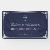 Boy First Communion Navy Blue Elegantes Verziertes Banner (Horizontal)