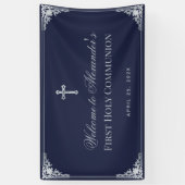 Boy First Communion Navy Blue Elegantes Verziertes Banner (Vertikal)