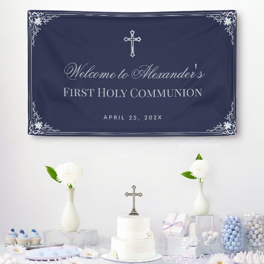 Boy First Communion Navy Blue Elegantes Verziertes Banner