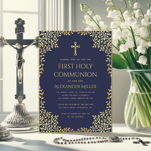 Boy First Communion Navy Blue Gold Blätter Elegant Einladung