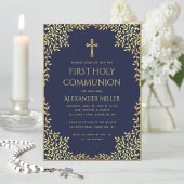 Boy First Communion Navy Blue Gold Blätter Elegant Einladung