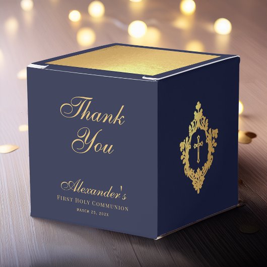 Boy First Communion Navy Blue Gold Crest Thank You Geschenkschachtel