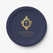 Boy First Communion Navy Blue Gold Wappen Elegant Pappteller (Vorderseite)