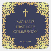 Boy First Communion Navy Blue Imitats Gold Blätter Quadratischer Aufkleber (Vorderseite)