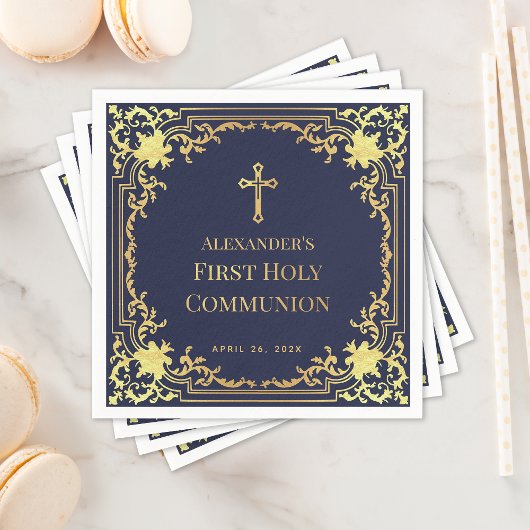 Boy First Communion Navy Blue Imitats Gold Cross Serviette