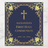 Boy First Communion Navy Blue Imitats Gold Elegant Weinetikett (Einzelnes Label)