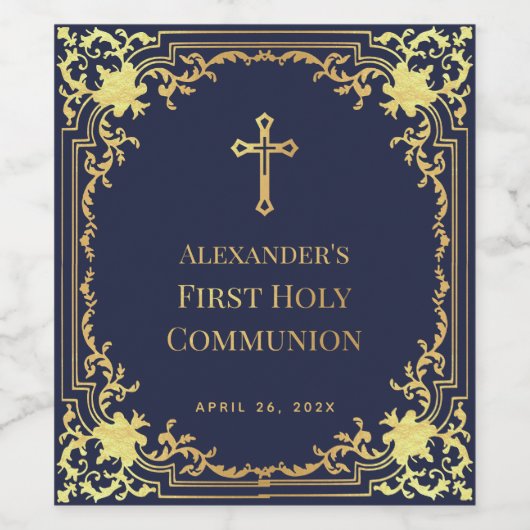 Boy First Communion Navy Blue Imitats Gold Elegant Weinetikett (Einzelnes Label)
