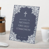 Boy First Communion Navy Blue Imitats Silberne Blä Sockelschild (In SItu)