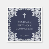Boy First Communion Navy Blue & Imitats Silver Blä Serviette (Vorderseite)