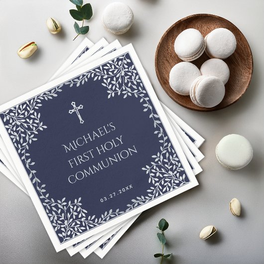 Boy First Communion Navy Blue & Imitats Silver Blä Serviette