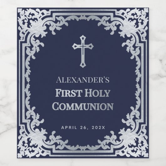 Boy First Communion Navy Blue Imitats Silver Vinta Weinetikett (Einzelnes Label)