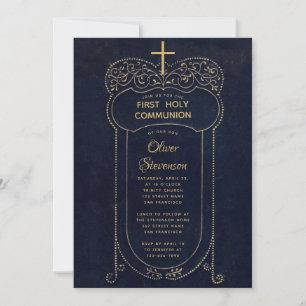 Boy First Communion Navy Vintage Kalligraphie Einladung
