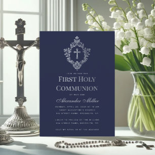 Boy First Communion Navy Vintages Wappen Kreuz Einladung