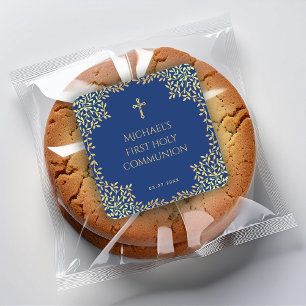 Boy First Communion Royal Blue Imitats Gold Blätte Quadratischer Aufkleber