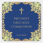 Boy First Communion Royal Blue Imitats Gold Blätte Quadratischer Aufkleber (Vorderseite)