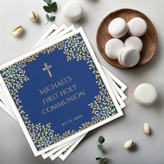 Boy First Communion Royal Blue Imitats Gold Blätte Serviette