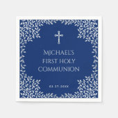 Boy First Communion Royal Blue Silver Blätter Cros Serviette (Vorderseite)