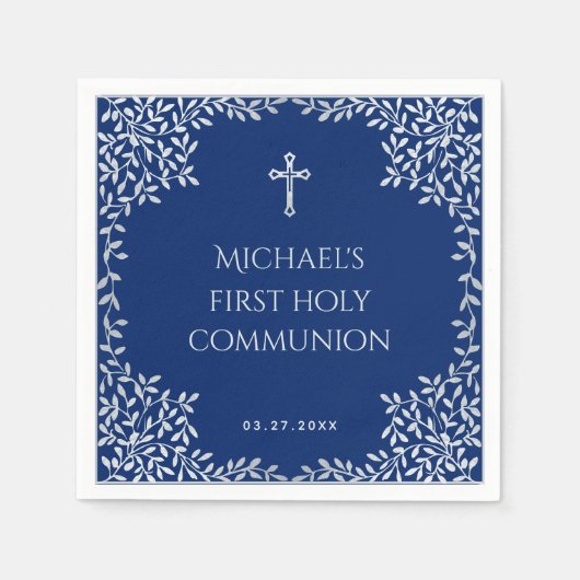 Boy First Communion Royal Blue Silver Blätter Cros Serviette (Vorderseite)