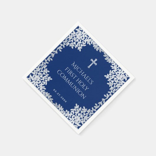 Boy First Communion Royal Blue Silver Blätter Cros Serviette (Ecke)