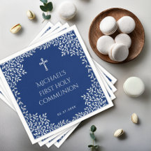 Boy First Communion Royal Blue Silver Blätter Cros