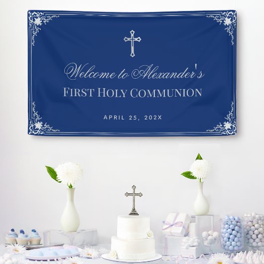 Boy First Communion Royal Blue Vintag Calligraphy Banner