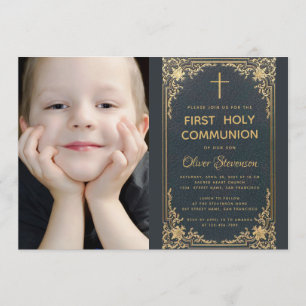 Boy First Communion Vintag Blue Gold Cross Foto Einladung