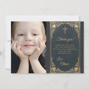 Boy First Communion Vintag Blue Gold Foto Dankeskarte