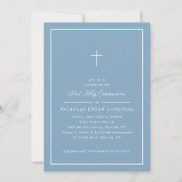 Boy First Heilige Kommunion Blue Cross Simple Fram Einladung