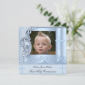 Boy First Heilige Kommunion Blue Foto Bestätigung  Einladung (Stehend Vorderseite)
