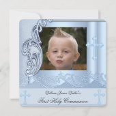 Boy First Heilige Kommunion Blue Foto Bestätigung  Einladung (Vorderseite)