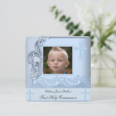 Boy First Heilige Kommunion Blue Foto Bestätigung  Einladung (Stehend Vorderseite)