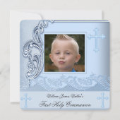 Boy First Heilige Kommunion Blue Foto Bestätigung  Einladung (Vorderseite)