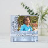 Boy First Heilige Kommunion Blue Foto Bestätigung Einladung (Stehend Vorderseite)