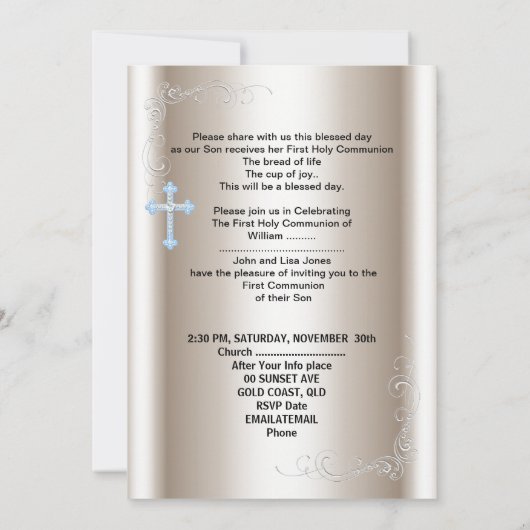 Boy First Heilige Kommunion Sepia Blue Einladung (Rückseite)