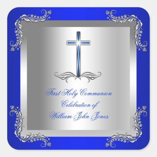 Boy First Heilige Kommunion Silver Royal Blue 2T Quadratischer Aufkleber (Vorderseite)