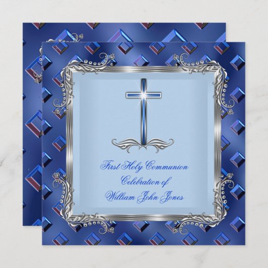 Boy First Heilige Kommunion Silver Royal Blue 4C Einladung (Vorne/Hinten)