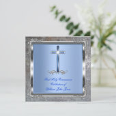 Boy First Heilige Kommunion Silver Royal Blue 4M Einladung (Stehend Vorderseite)