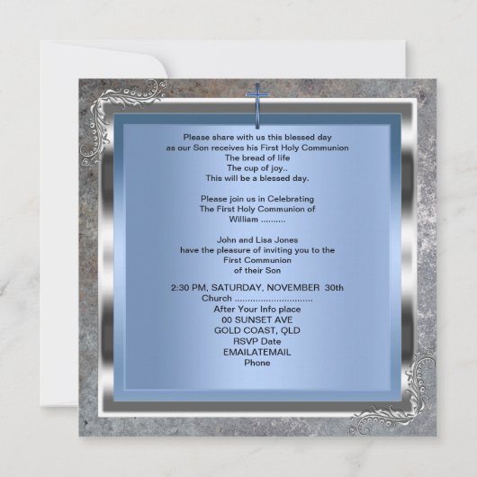 Boy First Heilige Kommunion Silver Royal Blue 4M Einladung (Rückseite)