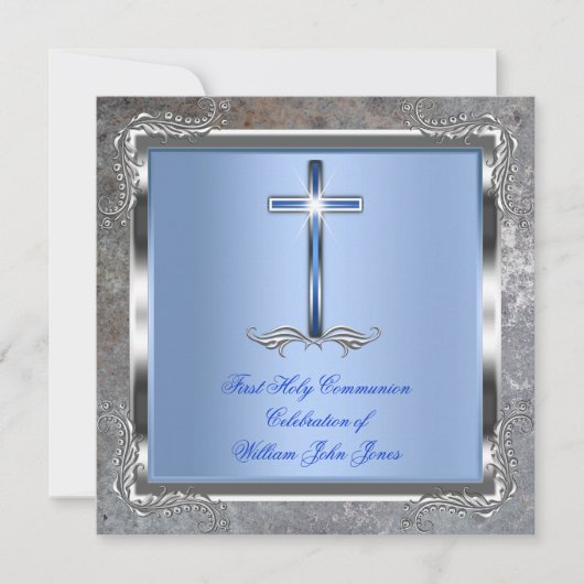Boy First Heilige Kommunion Silver Royal Blue 4M Einladung (Vorderseite)