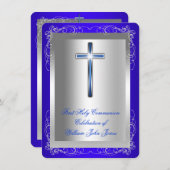 Boy First Heilige Kommunion Silver Royal Blue Roun Einladung (Vorne/Hinten)