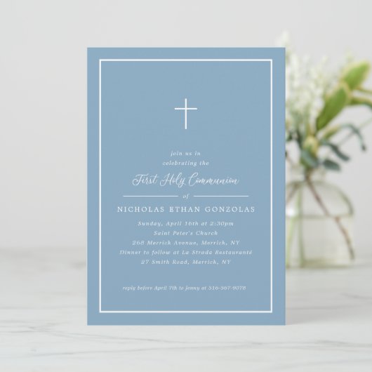 Boy First Holy Communion Blue Cross Simple Frame Einladung (Stehend Vorderseite)