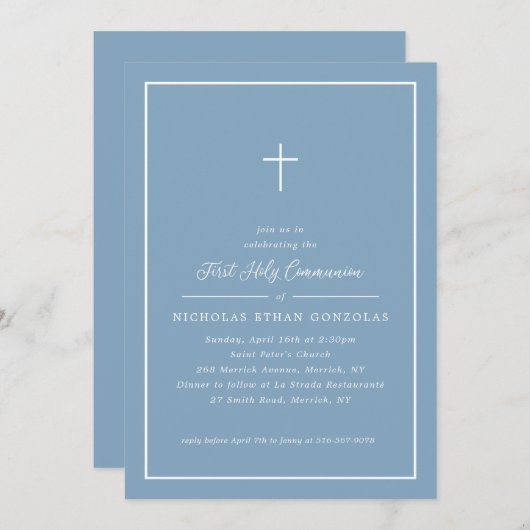 Boy First Holy Communion Blue Cross Simple Frame Einladung (Vorne/Hinten)
