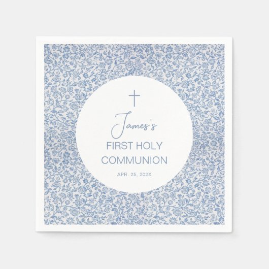 Boy First Holy Communion Blue White Floral Pattern Serviette (Vorderseite)