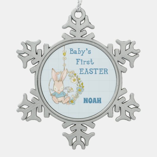 Boy First Oaster Bunny auf Blume Swing Schneeflocken Zinn-Ornament (Vorderseite)