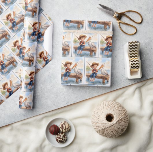 Boy Fishing On a Dock With a Pelican Geschenkpapier (Kunsthandwerk)