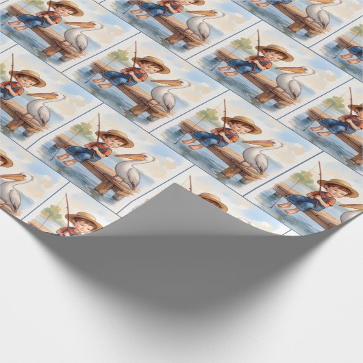 Boy Fishing On a Dock With a Pelican Geschenkpapier (Ecke)